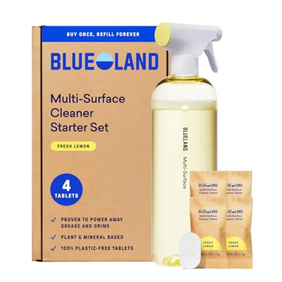 BLUELAND Multi-surface Cleaner,,Fresh Lemon Scent, Spray Bottle with 4 Refill Tablets, All-Purpose, Eco-Friendly Cleaning Suppl