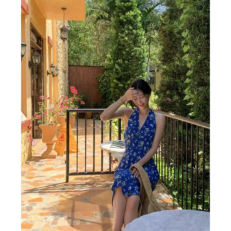 Vintage Floral Midi Dress Women Boho Vacation Beach Sexy Backless Bandage Dresses Summer Elegant Korean V Neck Bodycon Vestidos