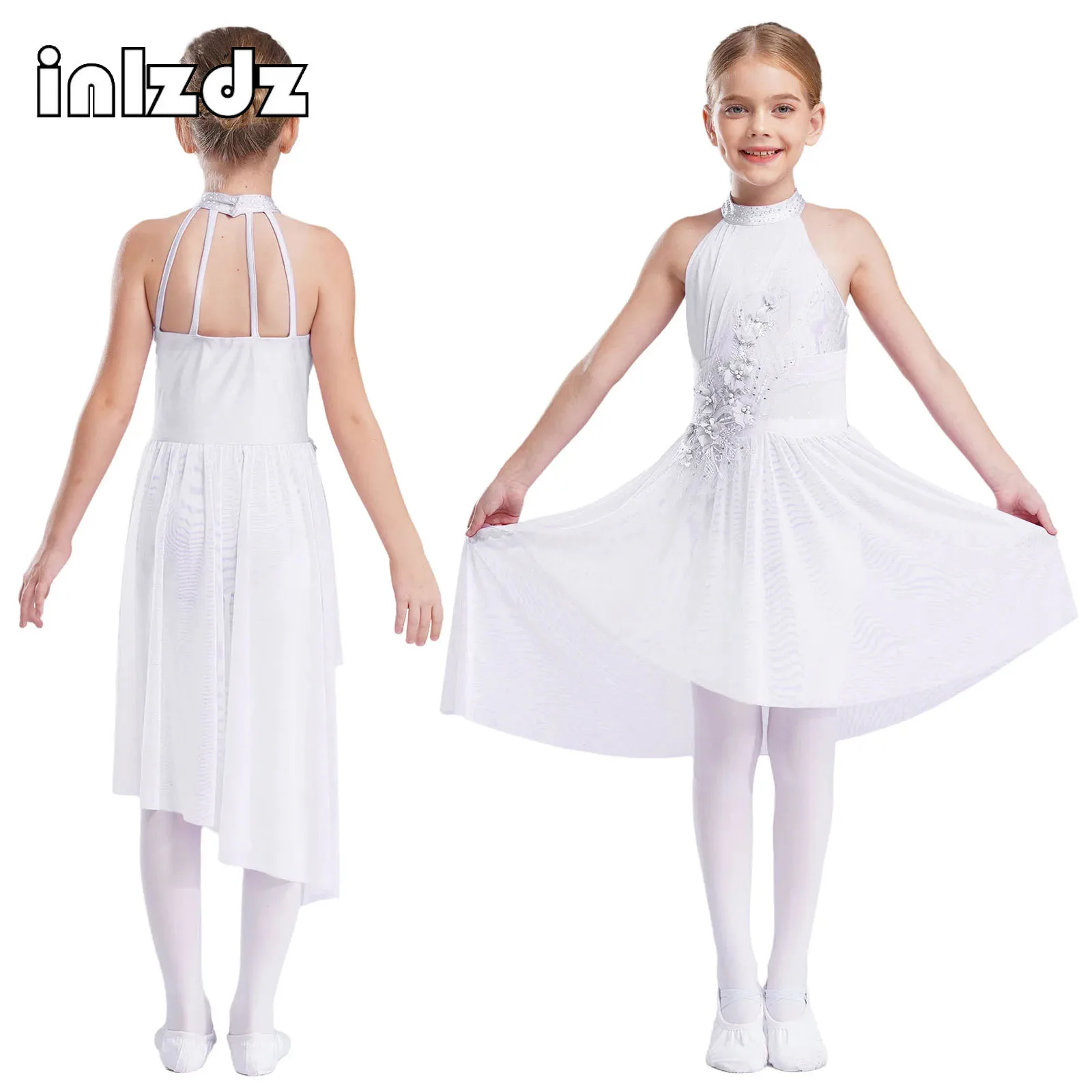 Kids Girls Ballet Dress Applique Moden Lyrical Dance Costume Sleeveless Rhinestone Mesh Tutu Leotard Figure Skating Dancewear