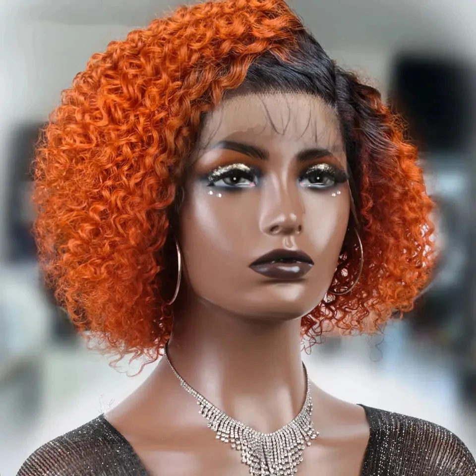 

Orange Brown Deep Curly Bob Lace Front Wig Human Hair Wig With Baby Hair Short Pixie Curly Bob Wig Glueless Lace Wigs For Women