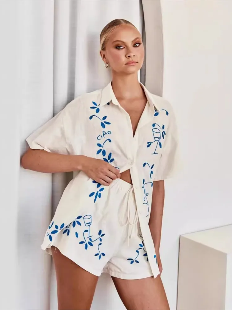 2024 Summer New Print Short Two Piece Set Women Fashion Casual Vacation Lady Sets Short Sleeves Shirt Shorts 2 Piece Suit Trendy