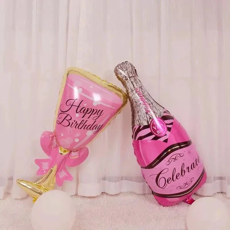 2 Stück Happy Birthday Champagnerflasche und Glas, großer dekorativer Ballon, rosa Schleife, Weinbecher, Hochzeit, Geburtstag, Party-Dekoration – Detail 5