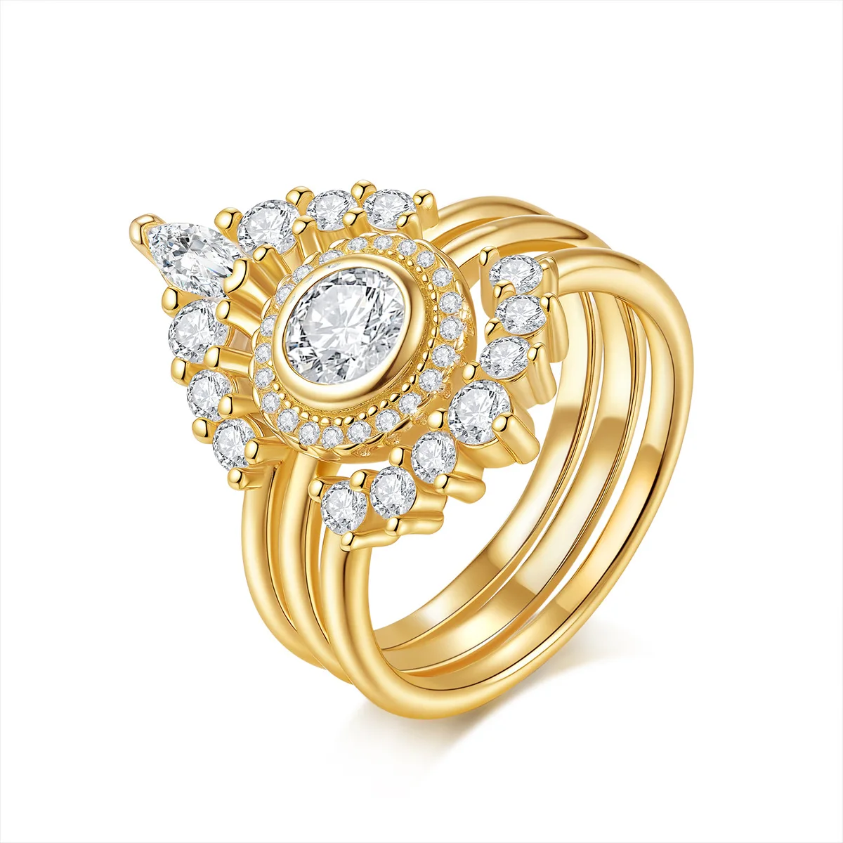 

S925 Silver 18K Gold Plated 3-Piece D Color Moissanite Women's Ring Set, Elegant Stackable Jewelry Gift with GRA Cert.