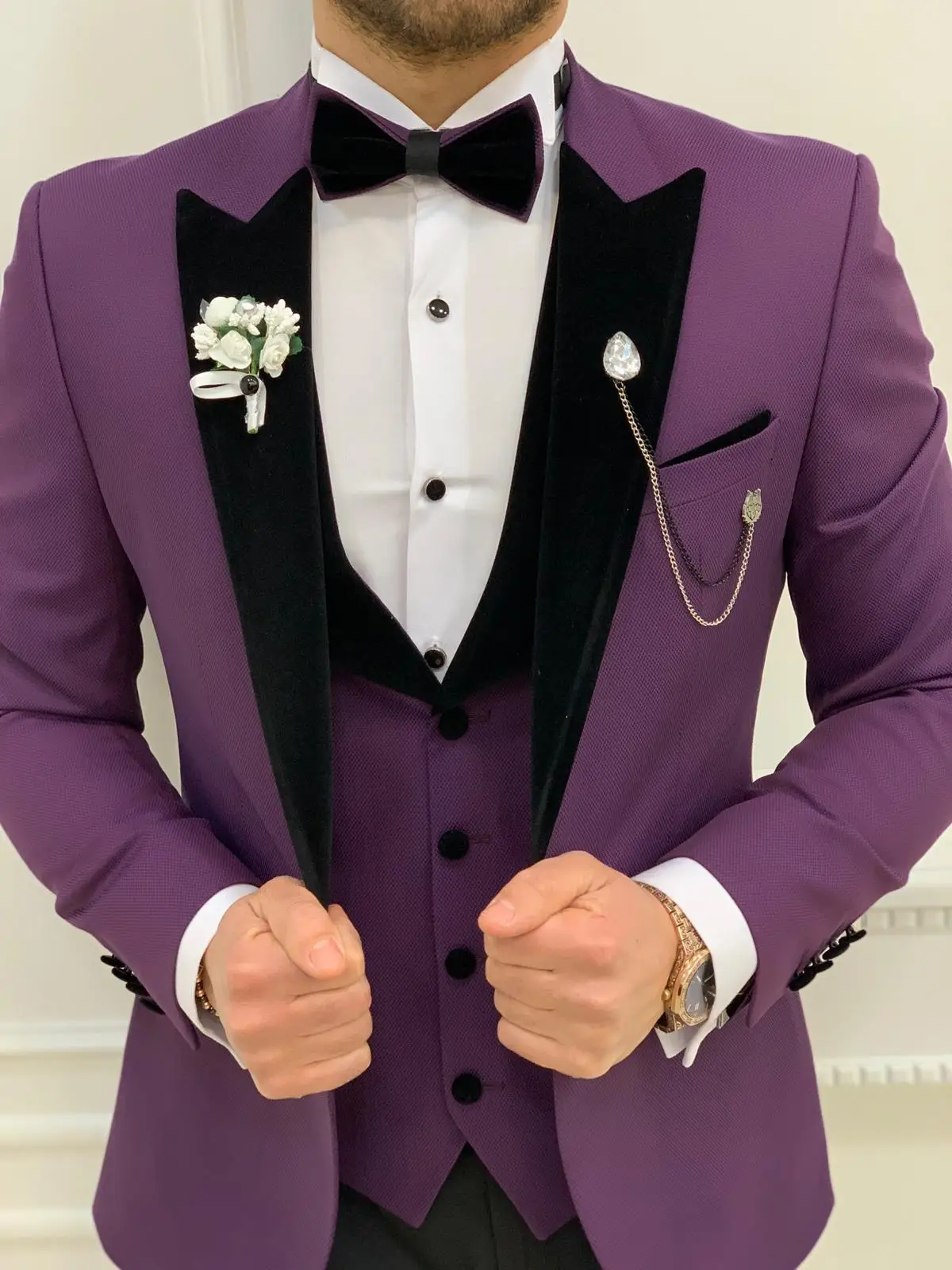 Bộ 3 Áo Phù Hợp Với Điểm Lưng Tuxedo Chú Rể Cưới Áo + Quần + Áo Vest Nam Phù Rể Đảng Bóng Phù Hợp Với Phong Tục làm Từ