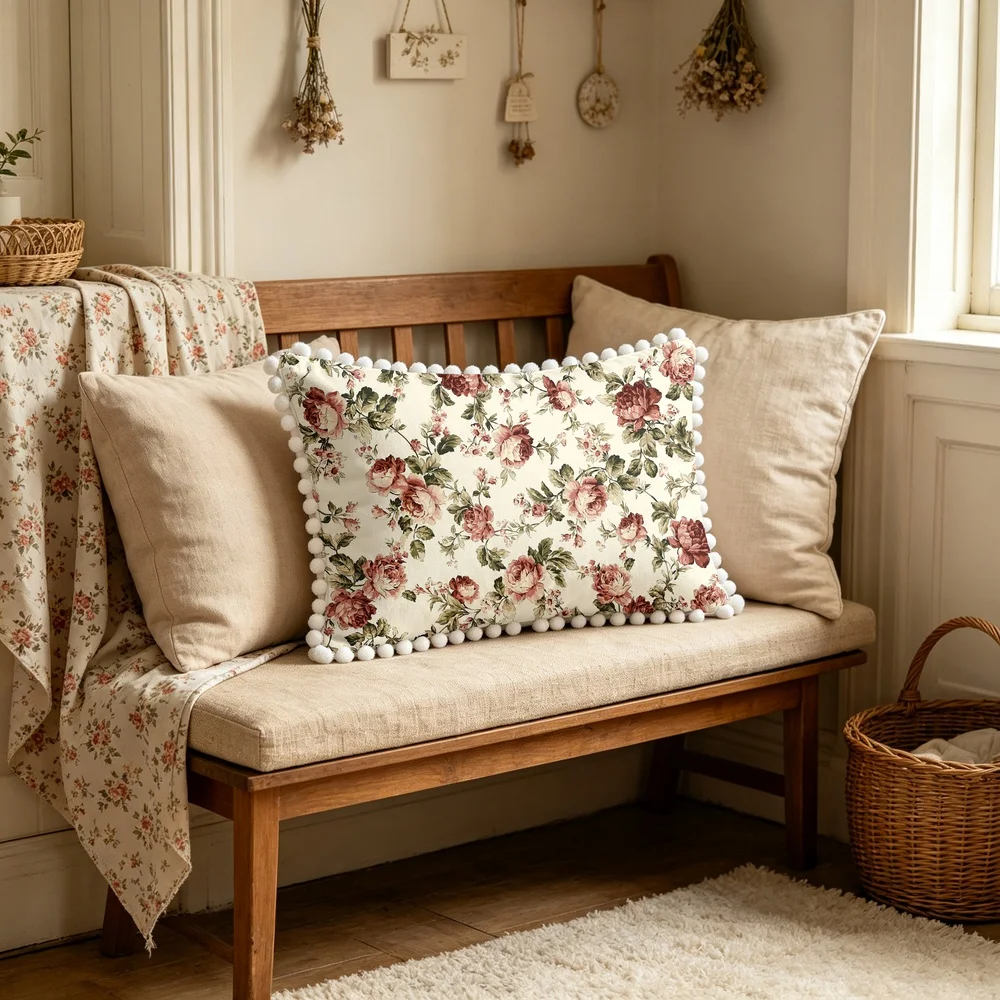 1PC Cream Background with Wine Red Large Peonies and Green Leaves, American Country Floral Long Pillow Cover with Pom Pom Trim