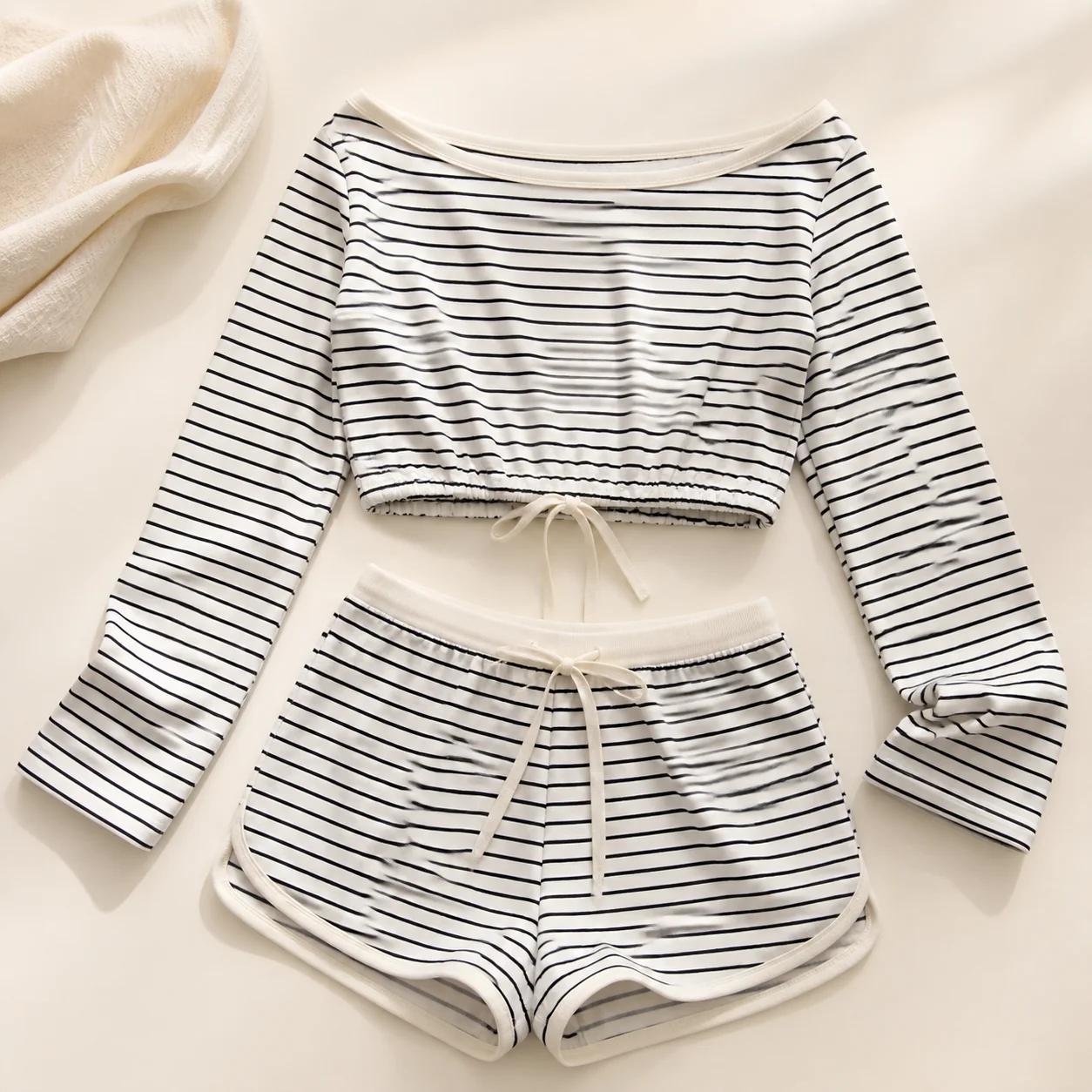Pajama Set Sleepwear Loungewear Stripe Off Shoulder Long Sleeve Two Piece Shorts Summer Comfortable Lightweight Homewear
