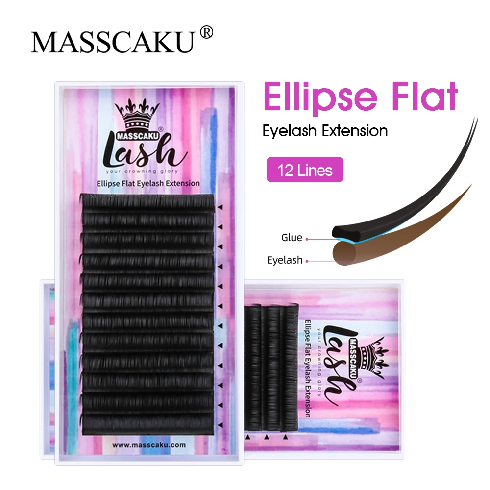 MASSCAKU C/D Curl Soft Split Tips Shaped Lash Matte Black Ellipse Flat Eyelash Extensions Individual Nature Makeup Eyelashes