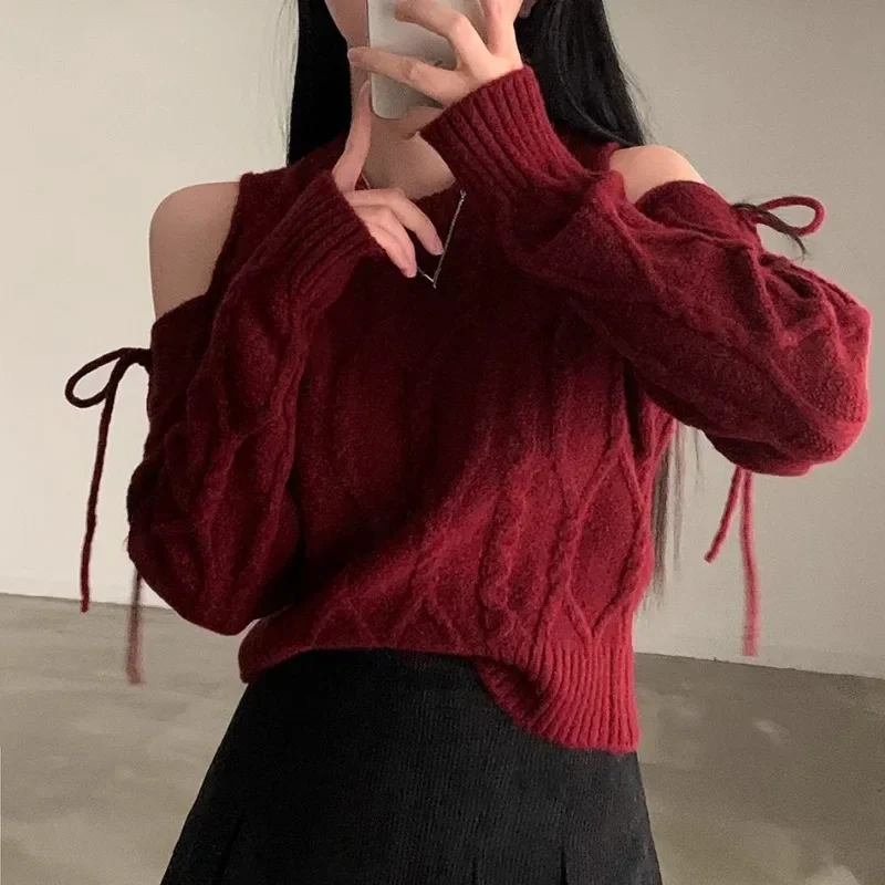 Neploe Vintage Fashion O-neck Knitted Pullover Hollow Out Off Shoulder Lace Up Sweaters Winter New Long Sleeve Loose Tops Women