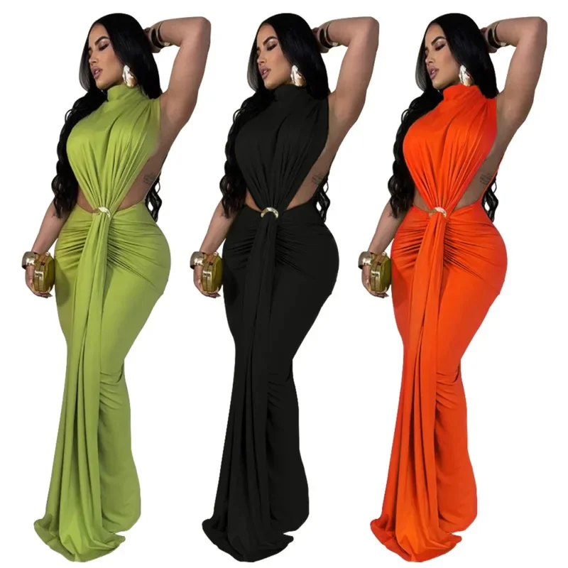 

Sexy O Neck High Split Ruched Stacked Bodycon Maxi Dress Women 2024 Evening Party Club Vestidos Chic Leakage Waist Long Dresses