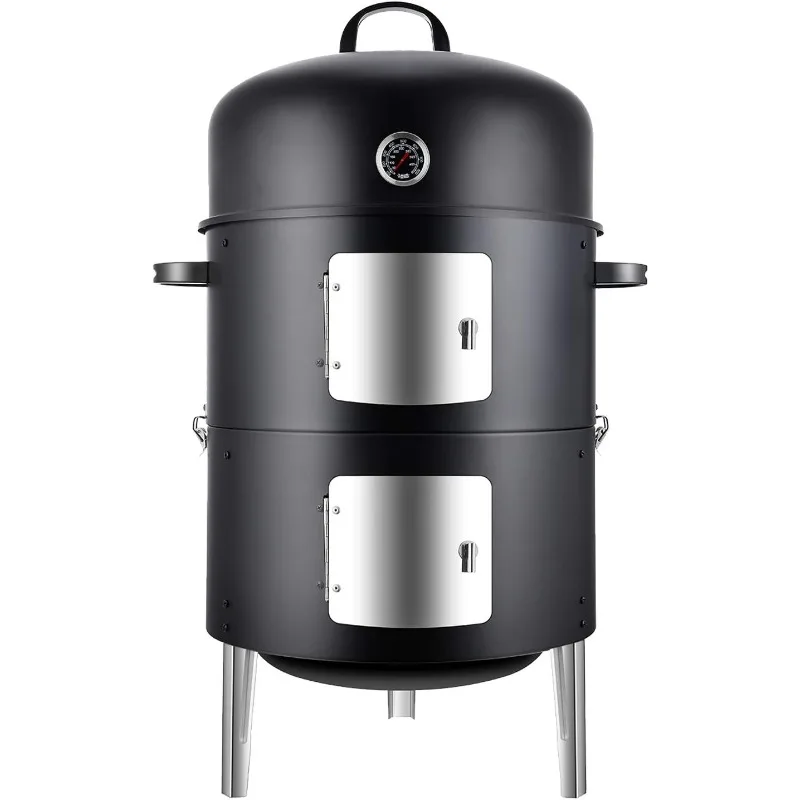 

Vertical 17 Inch Steel Charcoal Smoker, Heavy Duty Round BBQ Grill for Outdoor Cooking, Black