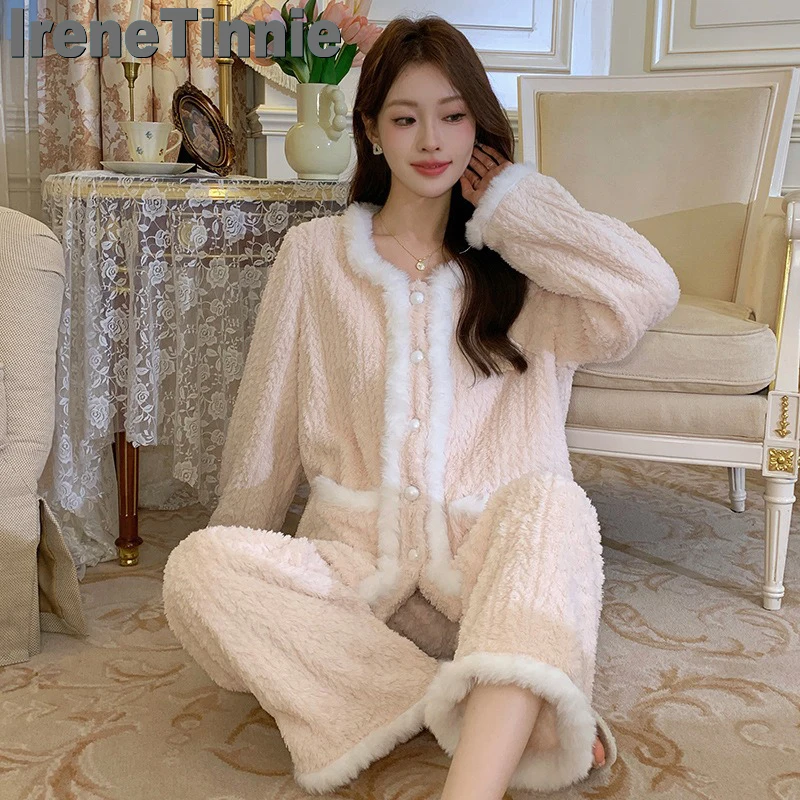 

IRENE TINNIE Winter Warm Women Pajamas Set Flannel Pajamas Homewear Thick Female Sleepwear Plush Pyjamas Solid Color Nightwear