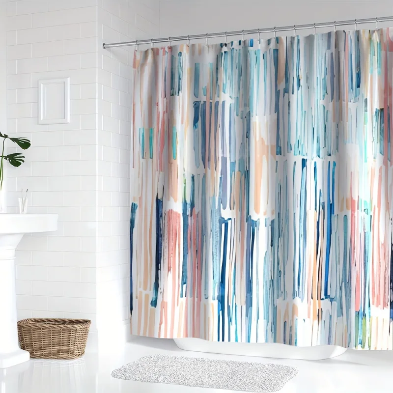 Colorful stripe digital print shower curtain with hooks-waterproof, machine washable polyester bathroom decor by ywjhui