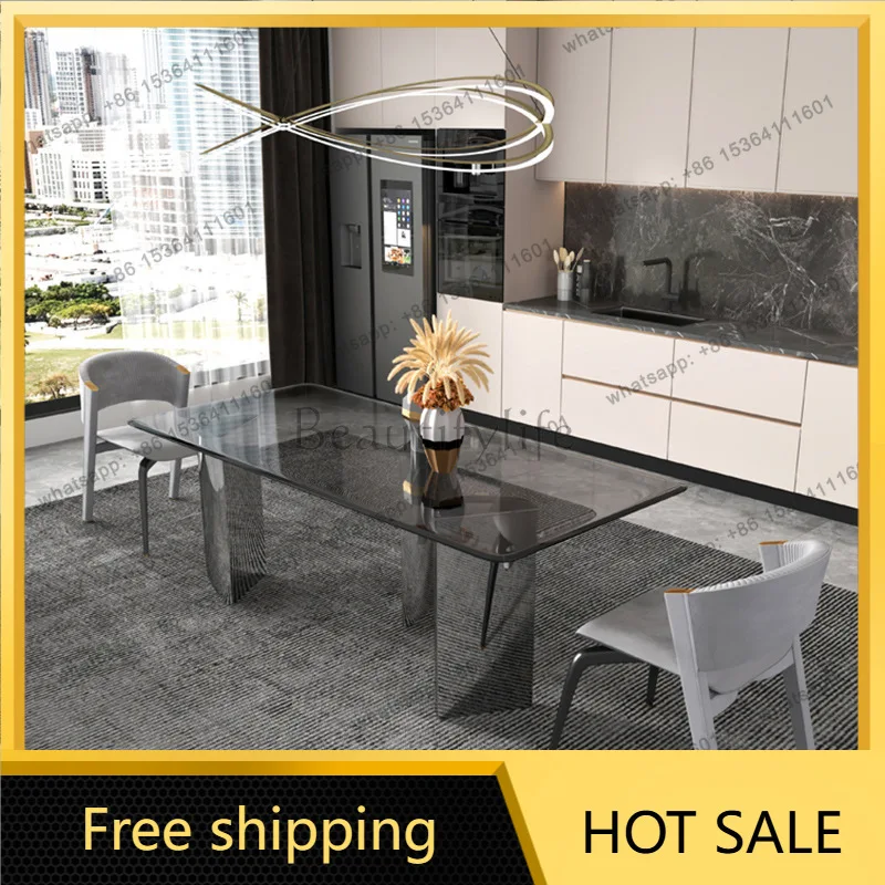 Factory Direct Sales Italian Light Luxury Dining Table Grey Tempered Glass Simple High-end Glass Dining Table