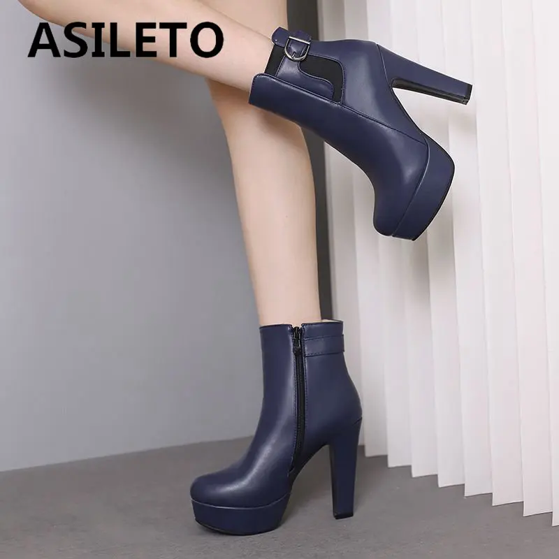 

ASILETO Brand Women Ankle Boots Round Toe Block Heel 12cm Platform 2.5cm Zipper Belt Buckle Big Size 48 49 50 Sexy Party Booty