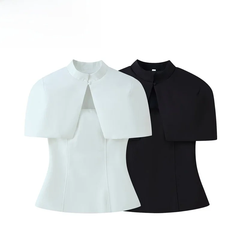 Fashionable Women's Waist-Cinching Shoulder Wrap Style Top Versatile Autumn Winter Polyester T-Shirt Standard Fit Short Sleeve