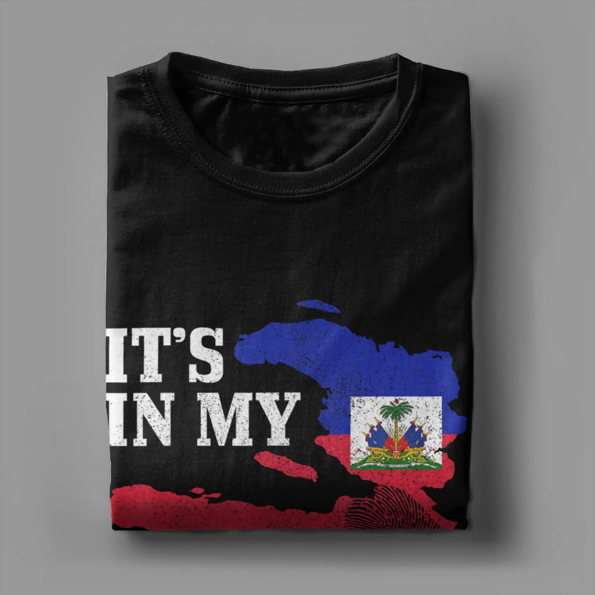 Haiti It's in My DNA Fingerprint Haitian Flag T-Shirts for Men Vintage 100% Cotton Tee Shirt Crew Neck Short Sleeve T Shirt Tops