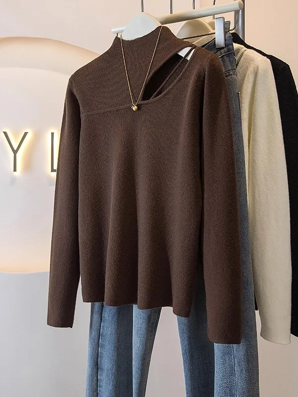 

Дизайнерский ажурный вязаный свитер с высоким воротником для женщин, осенне-зимний, больших размеров, базовый, в корейском стиле, с длинными рукавами