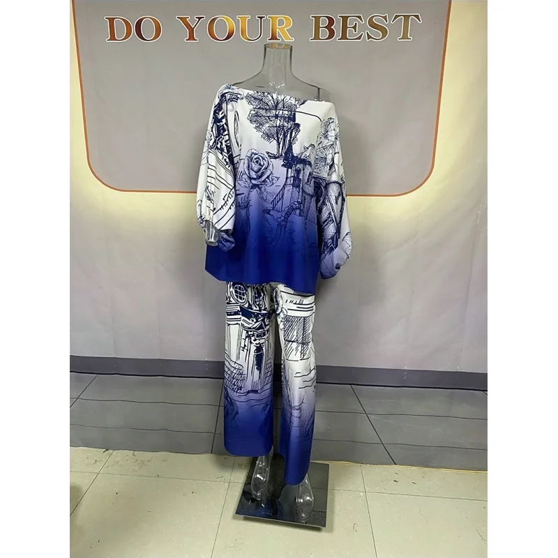 Independent Station New Print Fashion Long Sleeve Batwing Shirt Wide Leg Pants Suit Belt Delivery