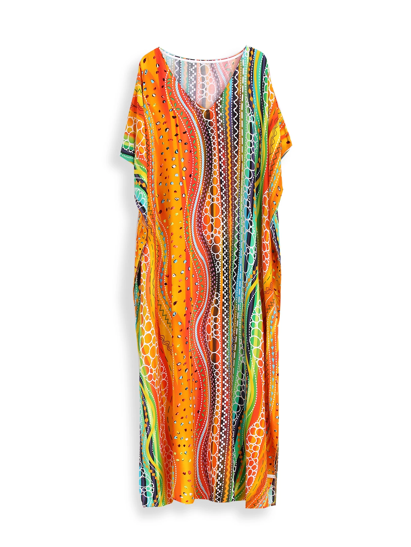 2024 Boho Printed Kaftan Casual Summer Clothing Women Plus Size V-Neck Batwing Sleeve Beach Wear Maxi Dress Robe Sarong Q1476