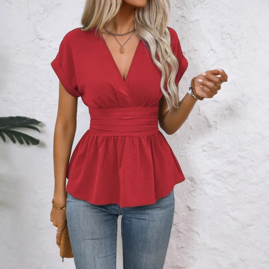New Arrival 2026 Spring Women V Neck Waist Controlled Solid Raglan Sleeve Pleated Hem T Shirt