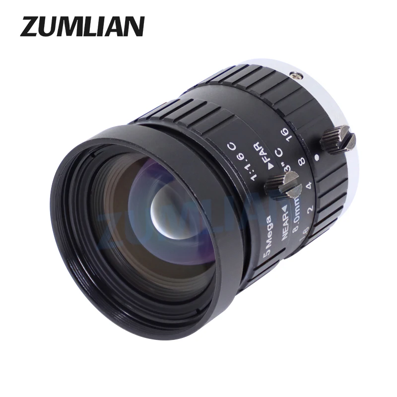 ZUMLIAN 8mm F1.6 Lens C-Mount 2/3 Inch Sensor 5MP Low Distortion Fixed Focus FA Camera Lens for Industrial Inspection cameras