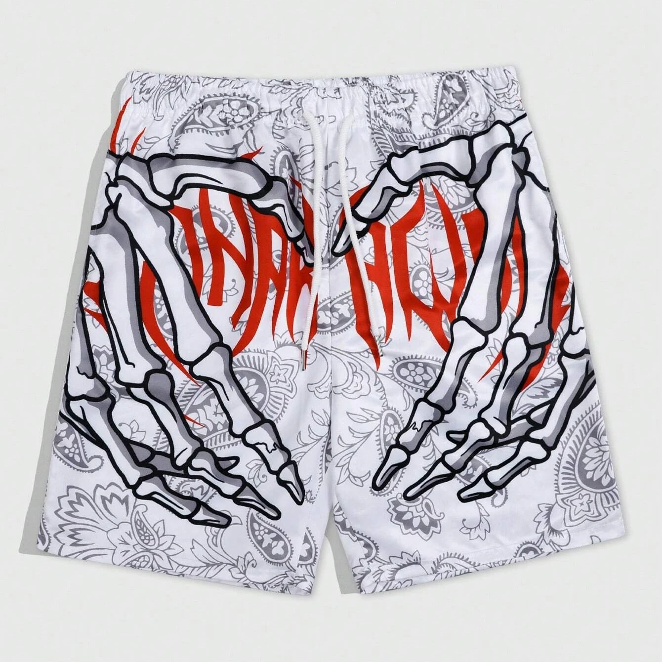 2024 Summer Trend Hip Hop Shorts Stylish Skull Hand Graphic Print Drawstring Shorts Oversized Casual Loose Men\'s Beach Shorts