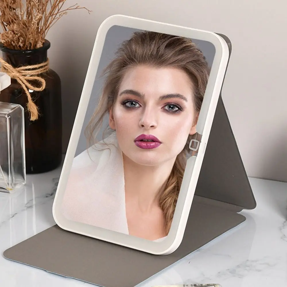 Specchio per trucco pieghevole pieghevole Touch Screen Specchio per trucco da viaggio portatile Luci a LED ricaricabili USB Specchio per trucco da tavolo