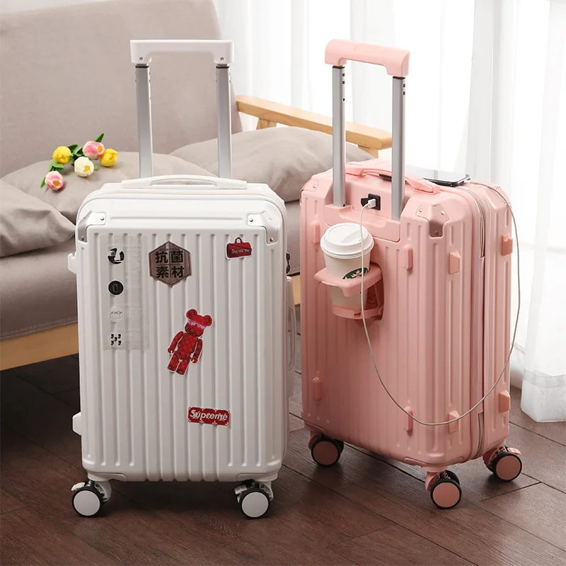 New Five-Wheel Luggage Large Capacity multifunctional Trolley Case Female Brake Cup Holder Suitcase Universal Wheel  Pack Trunk