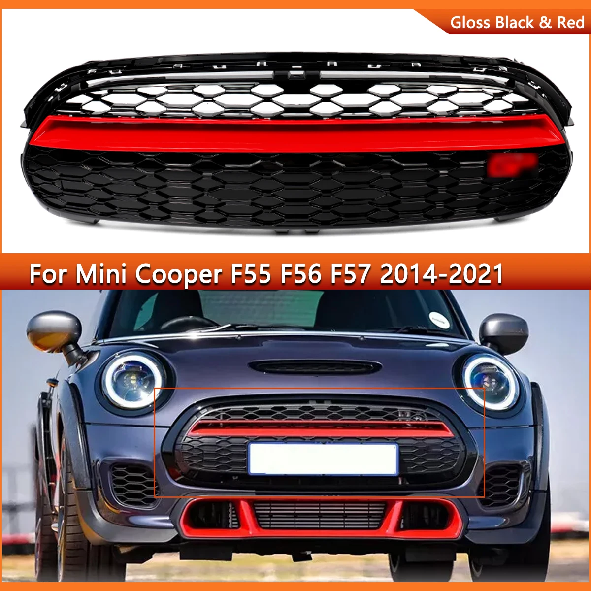 new Front Grille Racing Grills，2014-2021 BMW Mini Cooper F55 F56 F57 GP Style Glossy Black+Red Trim Upper Bumper Hood Mesh Grid