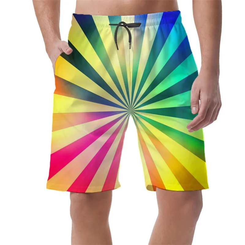 Homens 3D listrado colorido impresso Shorts, calças Hip Hop, calção Y2K, maiô havaiano de verão, Cool Surf Swim Trunks