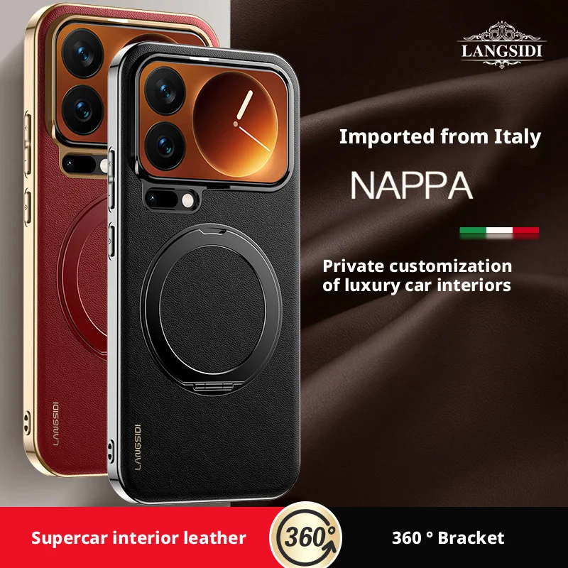 

Luxury Nappa Genuine Leather Case For Xiaomi Mi 17 Pro Max Strong Magnet Rotating Ring Holder Lens Protection Cover