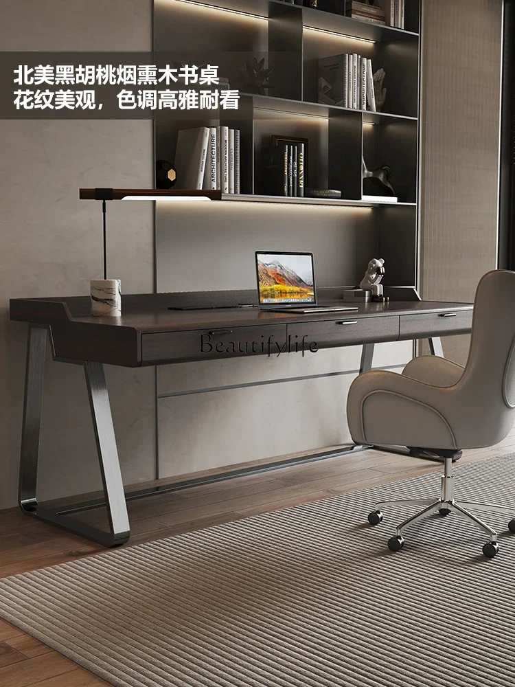 FG-*Solid wood desk Italian minimalist high-end study designer smoked wood computer office desk and chair