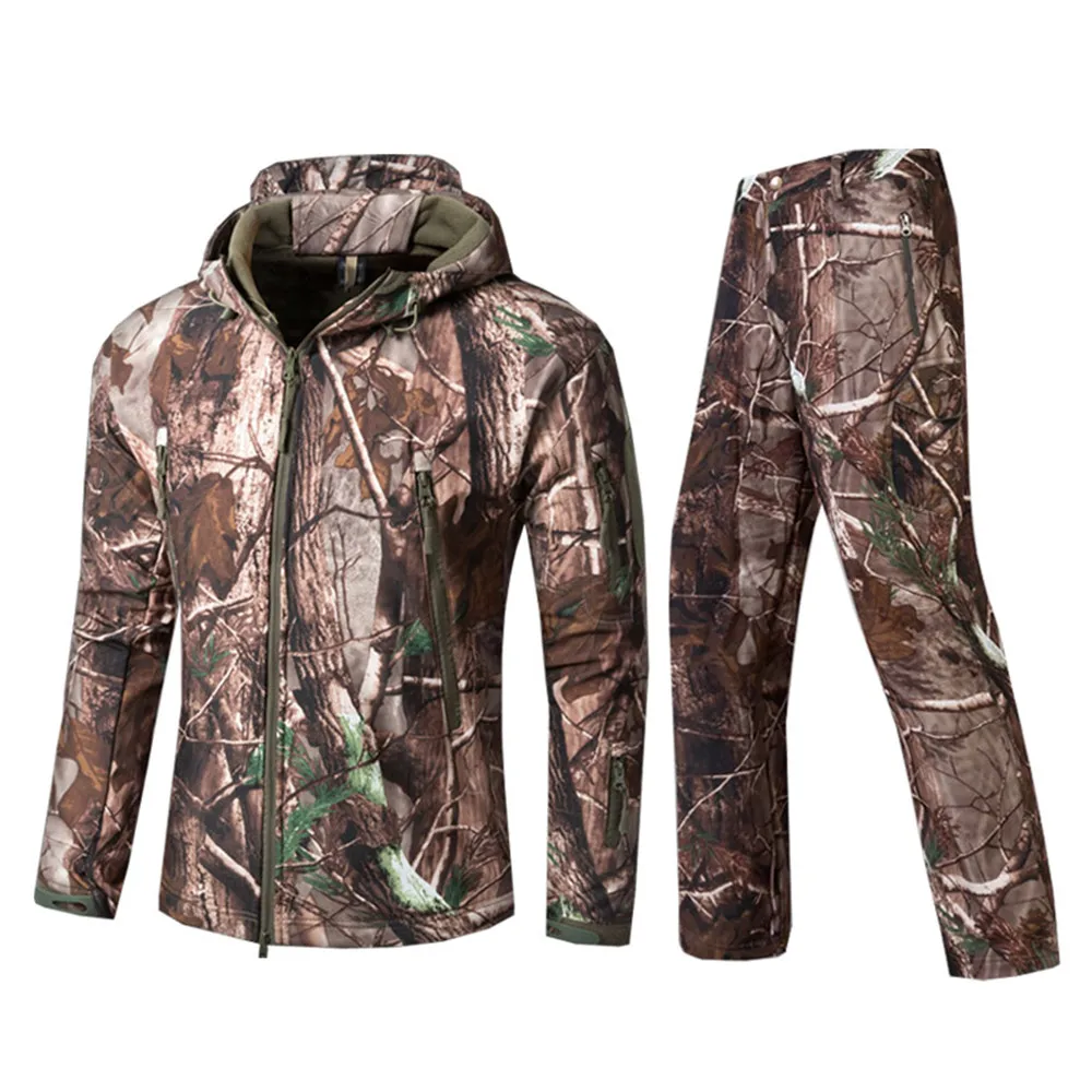 Shark Skin Soft Shell Rush Suit Two-Piece Winter Outdoor Warm Keeping Camouflage Mountaineering Hunting Suit Thickened Plush