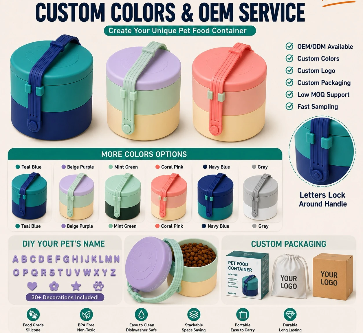 Double-layer Silicone Grain Storage Tank DIY Letter Handle Portable Washable Pet Going Out Lunch Box