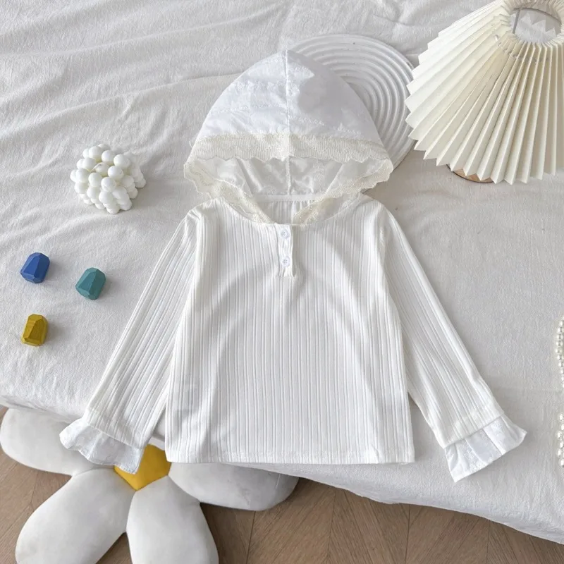 

Girls Top 2025 Autumn Spring Korean Style Fashion Versatile Sweet Cute Lace Hooded Long Sleeve Solid Color Base Layer Top