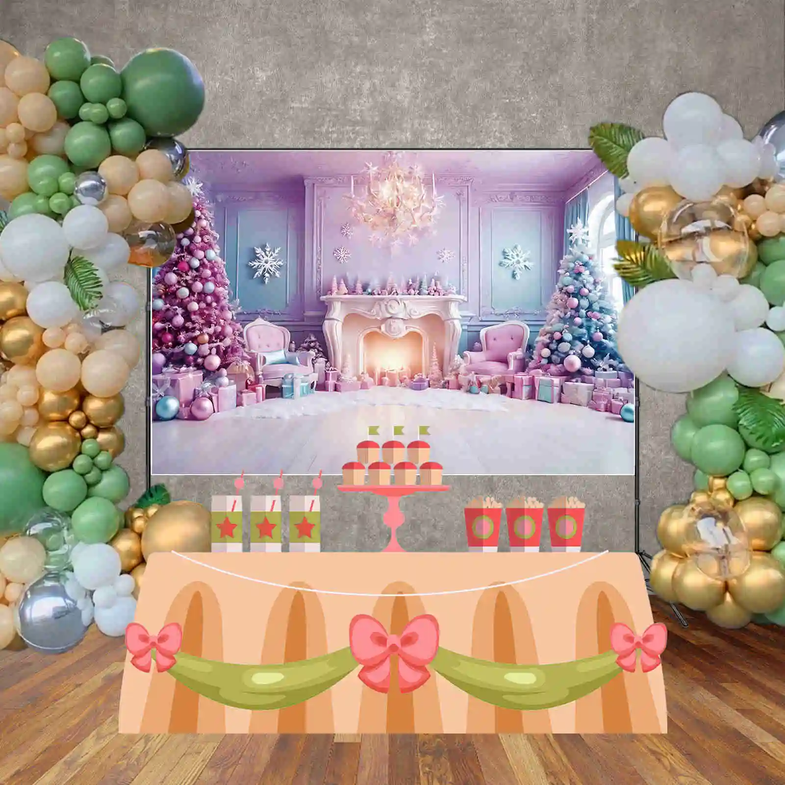 MOON.QG Fairy Christmas Christmas Tree Backdrop Fireplace Western Purple Blue Pine Tree Background Party Photocall Supplies