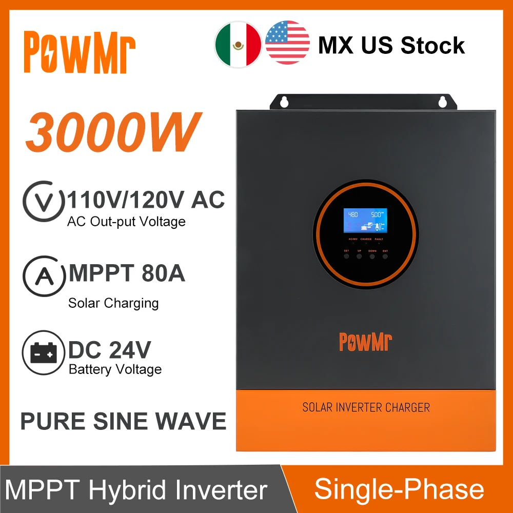 US MX Stock Single Phase 3KW Hybrid Solar Inversor 24VDC To 110V/120VAC 80A MPPT Solar Charger Pure Sine Wave Betteria Inverter