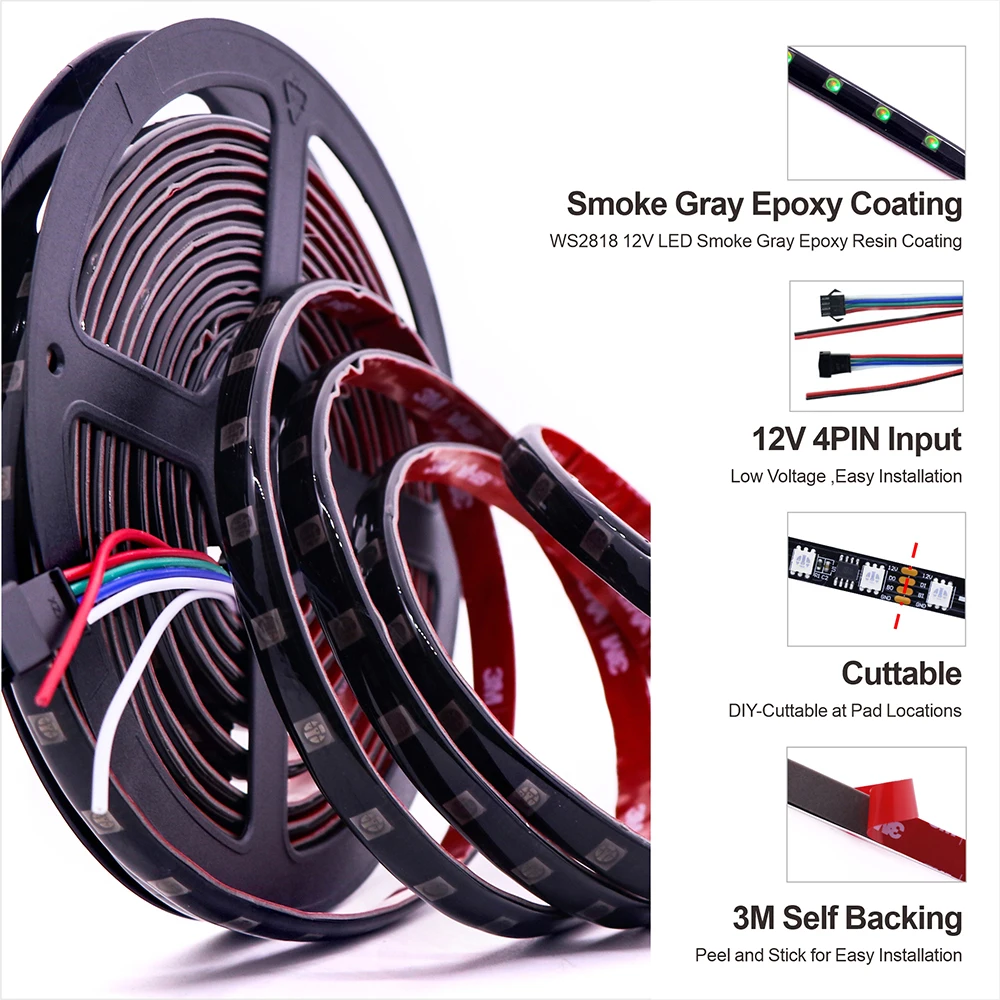 WS2818 RGB Addressable LED Strip 12V 60LEDs/m Black PCB IP65 Breakpoint Resume Flexible Magic Decoration Light