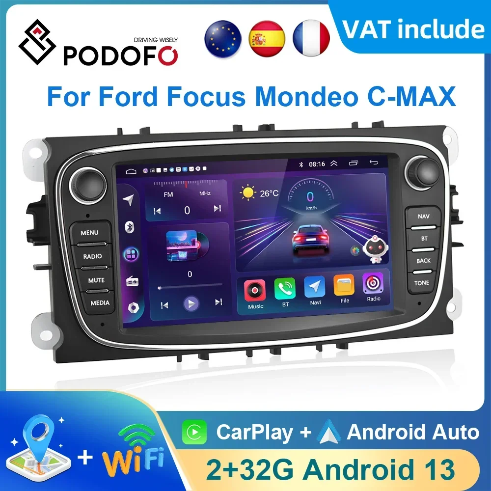 Podofo Car Android CarPlay Radio Multimedia Player For Ford Focus S-Max Galaxy C-Max GPS Navigation Video NO DVD 2din