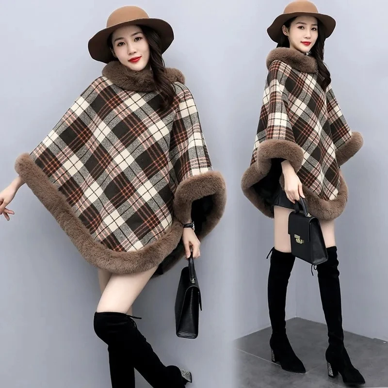 Add Velvet Cloak Shawl Women\'s Short Autumn/Winter Faux Fur Fashion Leopard Print A Style Thicken Warm Pullover Cloak Plaid Coat