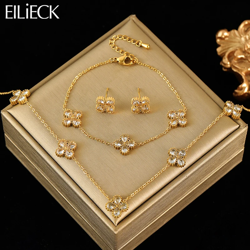 

EILIECK New Fashion Stainless Steel Sparkling Zircon Flower Necklace Earrings Bracelet Set For Women Girl Trendy Jewelry Gift