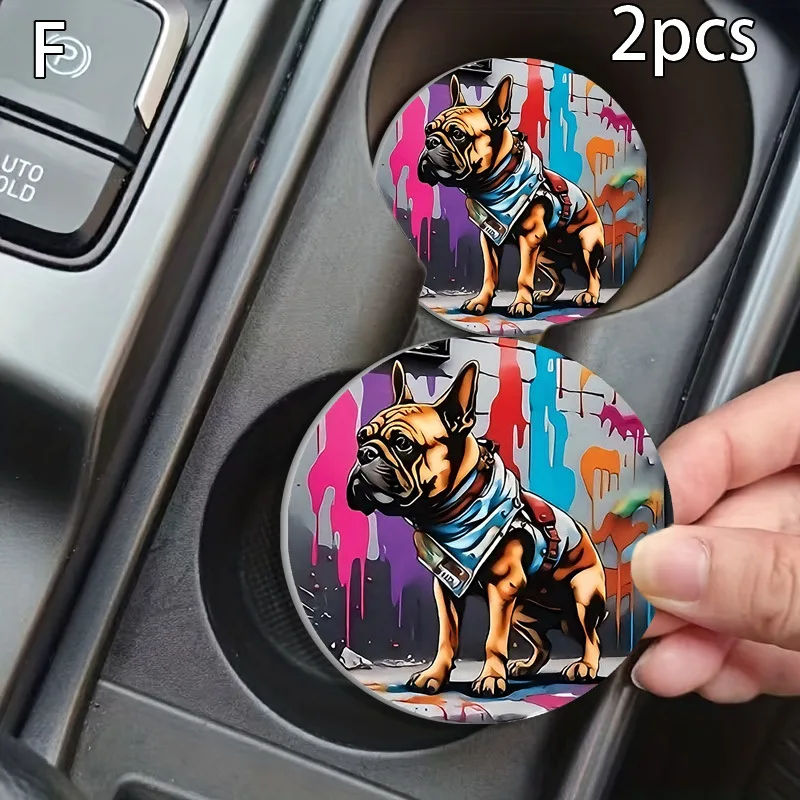 Vibrant Graffiti Splash Art Puppy Leather Car Cup Holder Coasters 2Pcs, Colorful Paint Splatter Cute Dog Print Waterproof Non-Sl