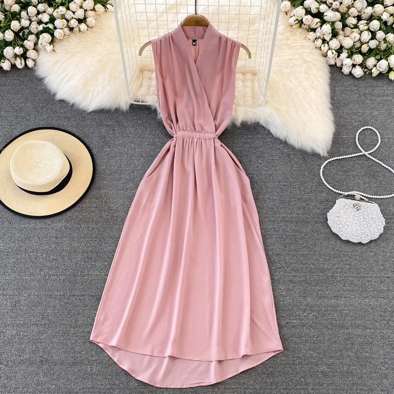 Sexy Black Women's Dress For Girls Summer V-Neck Sleeveless Beach Long Dresses French Chic Cross Drawstring Slim Waist Sundress