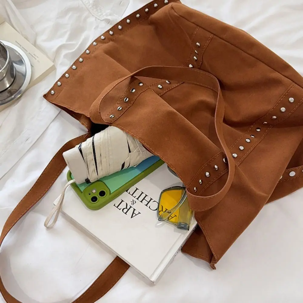 Korean Style Suede Rivet Tote Bag Solid Color PU Leather Suede Leather Shoulder Bag Large Capacity Stud Decorative Underarm Bag
