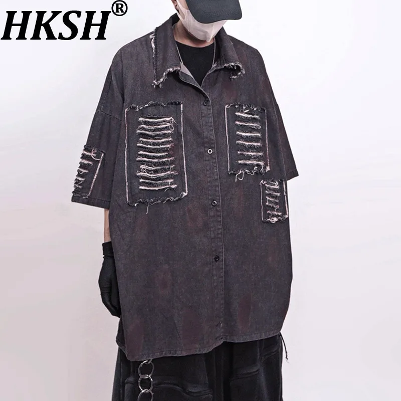 

HKSH Spring Summer New Man High Street Trendy Vintage Half Lengh Sleeve Shirts Niche Chic Casual Hip Hop Ripped Shirt Ins HK8731