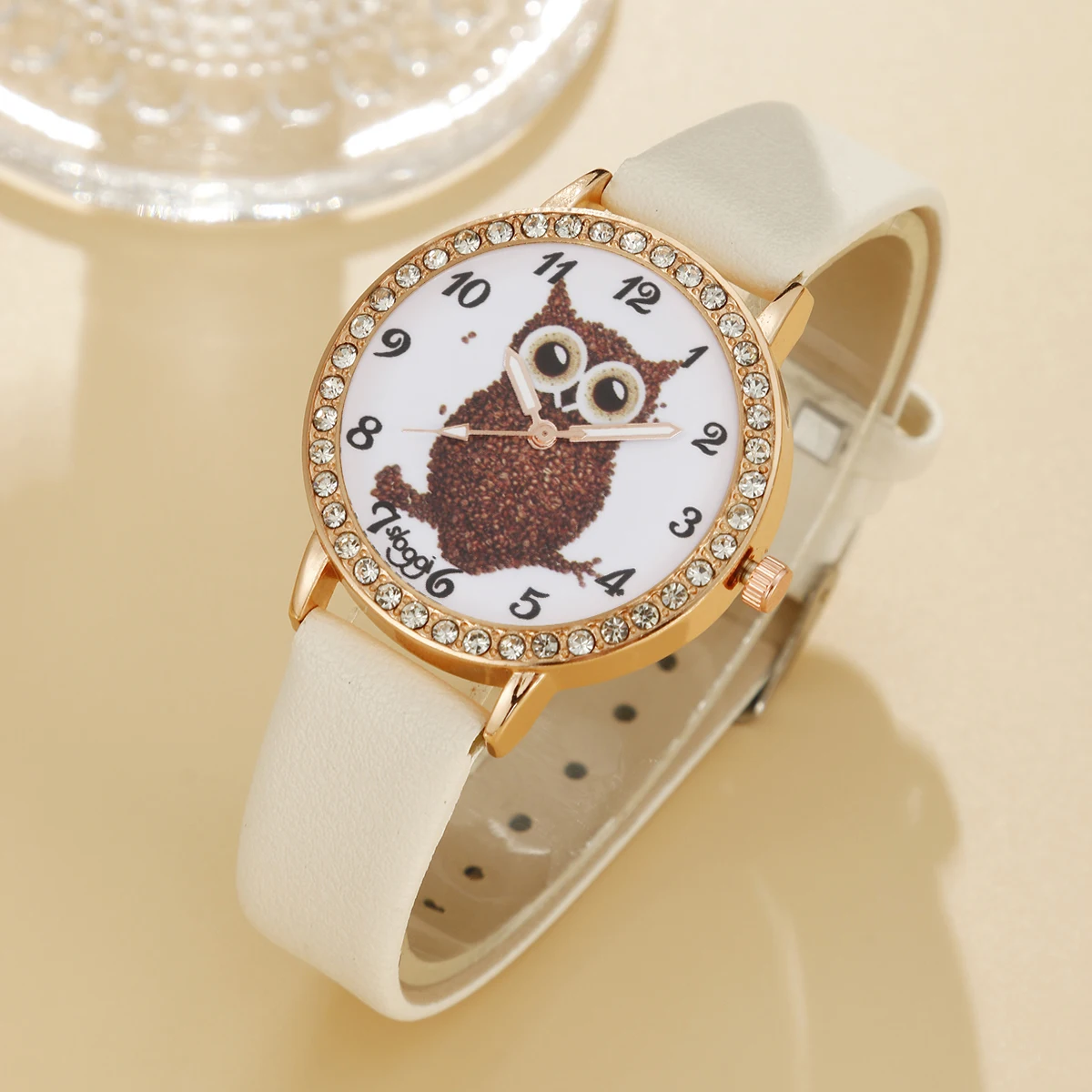 5pcs set women\'s trendy and versatile college leather studded diamond wrist watch cartoon owl quartz watch