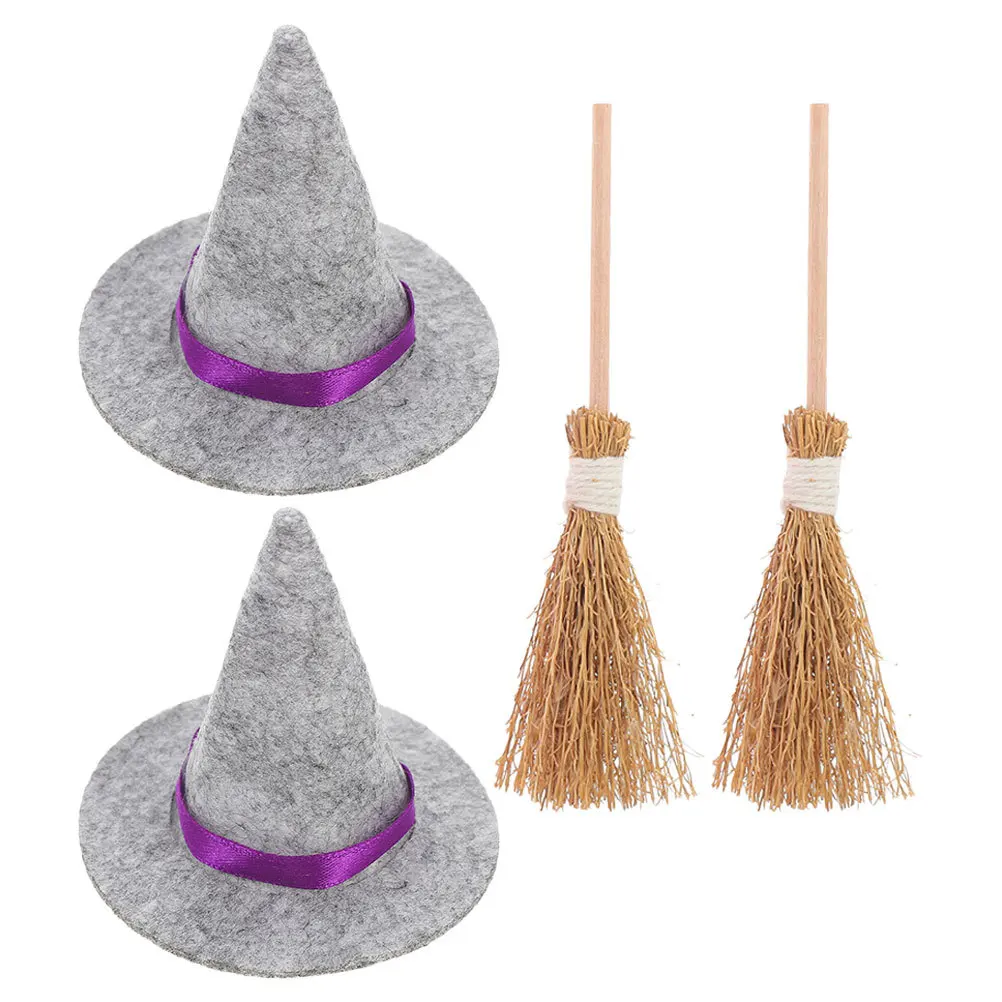 

2Sets Hats with Brooms Natural Fiber Bristles Suitable for Themed Events Cosplay Accessories Vintage Style Ornament