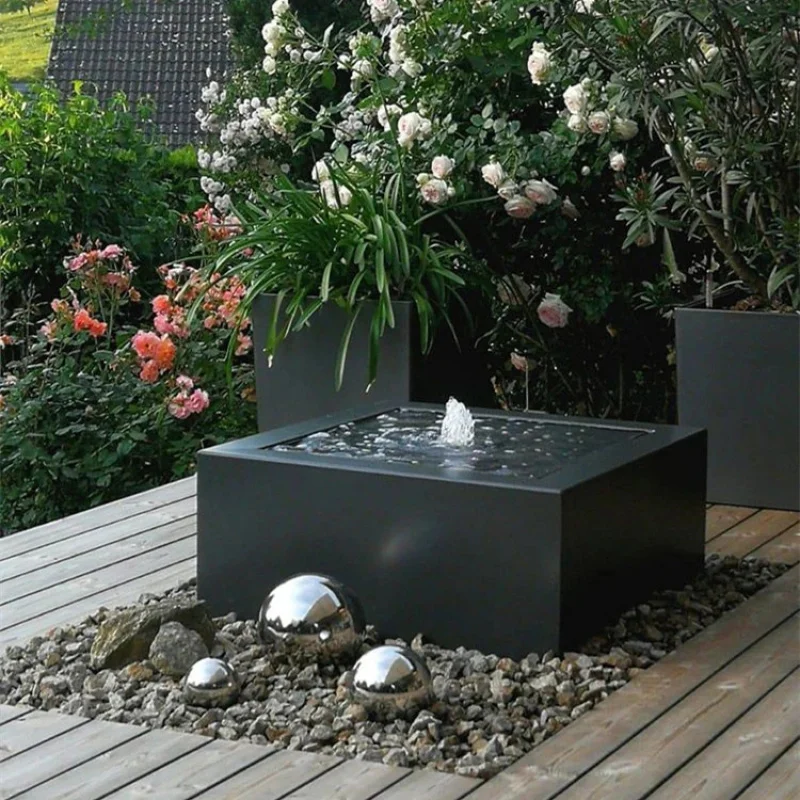 custom.Garden Ornaments Features Black Metal Cube  Modern Bubble Fountain Table