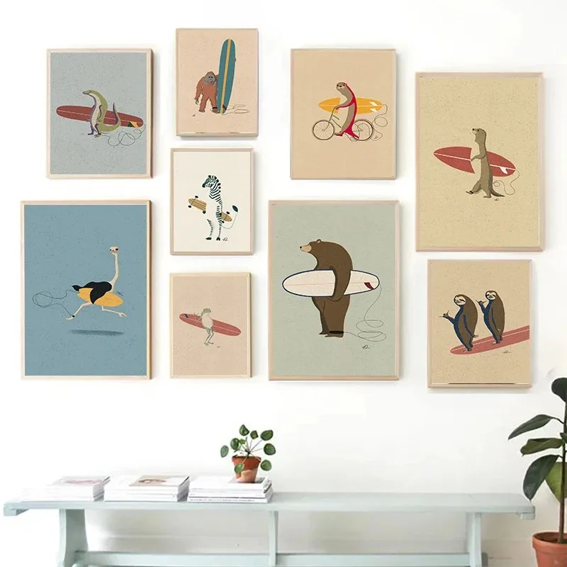Funny Surfing Animal Retro Posters Canvas Painting Sloth Bear Panda Wall Art Picture For Modern Child Room Home Decor Framele