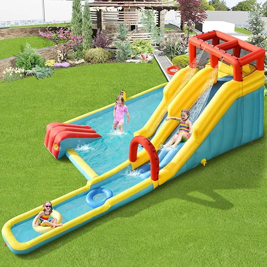 Corrediça de água inflável, slides duplos, parque de corrediça de água para crianças, castelo inflável com 2 anéis de natação, ventilador, grande piscina de respingo, parte traseira